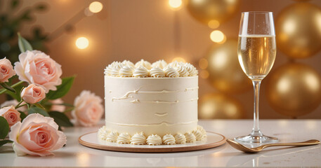 Naklejka premium Elegant cake with champagne and roses against festive background