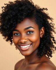 Fototapeta premium Portrait of a Smiling Young Woman with Curly Hair Against a Warm Background
