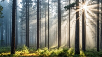 Sunlight filtering through misty forest pine trees at sunrise
