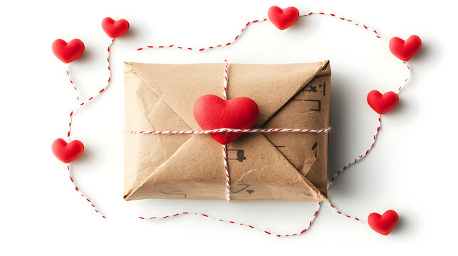 gift package wrapped in brown paper with red heart and decorative hearts around it, symbolizing love and care