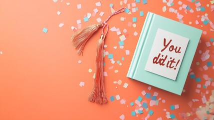 Celebrating Academic Success - Open Book with Diploma, Confetti, and Encouragement Card on Pastel Orange Background