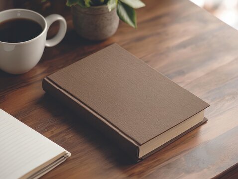 Brown book on wooden table with coffee and notebook.