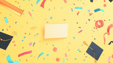 Celebratory Graduation Scene with Scattered Cap, Diploma, Ribbons, and Confetti on Pastel Yellow Background