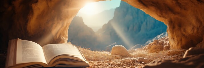 A serene image capturing the essence of Easter, with an open book in a sunlit cave, surrounded by natures wonders, symbolizing hope and renewal during this special season of celebration
