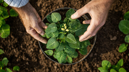 Farmer holding and examining young soybean plant in cultivated field