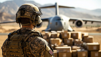 Soldier guarding humanitarian aid supplies near military aircraft
