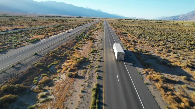 CALIFORNIA - 10.21.2024 - Very good aerial view of a truck driving up US Highway 395 in the Mojave Desert.