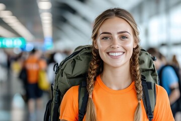 A woman with braided hair is smiling while wearing an orange shirt and a backpack in a bustling airport terminal with modern architecture and vibrant lighting.