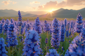 blue lavender flowers blossoming on vast field in peaceful summer farmland.,. 