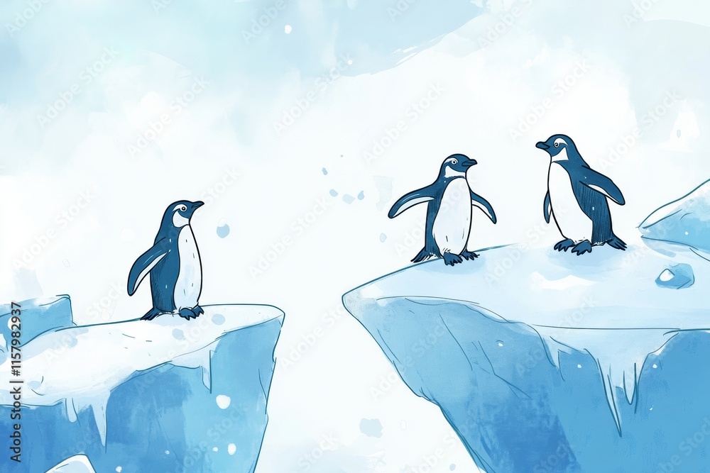 Poster playful penguins gathered on floating icebergs enjoying a whimsical winter day in a serene snowy lan