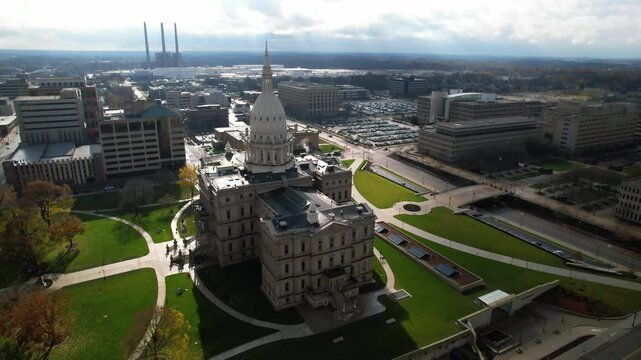 LANSING - 12.5.2024 - Fantastic aerial footage of the Michigan State Capitol.