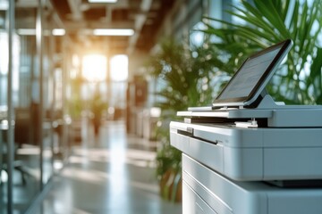 A large printer is prominently displayed in a sunlit modern office next to an abundance of greenery, illustrating a harmonious and productive workspace balance.