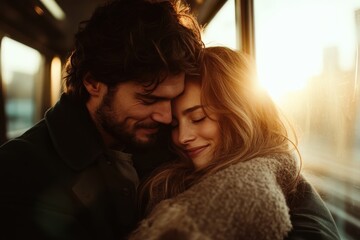 A joyful couple leans into each other, smiling warmly as they enjoy the gentle motion of a train ride, surrounded by the golden hues of an afternoon sun.