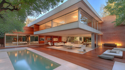 Fototapeta premium Modern House Design, Open-Plan Living with Pool & Deck