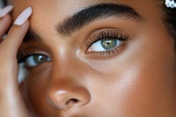 A stunning close-up image focusing on a woman's eye, showcasing the intricate details of perfect makeup application with gracefully defined eyebrows and long lashes.