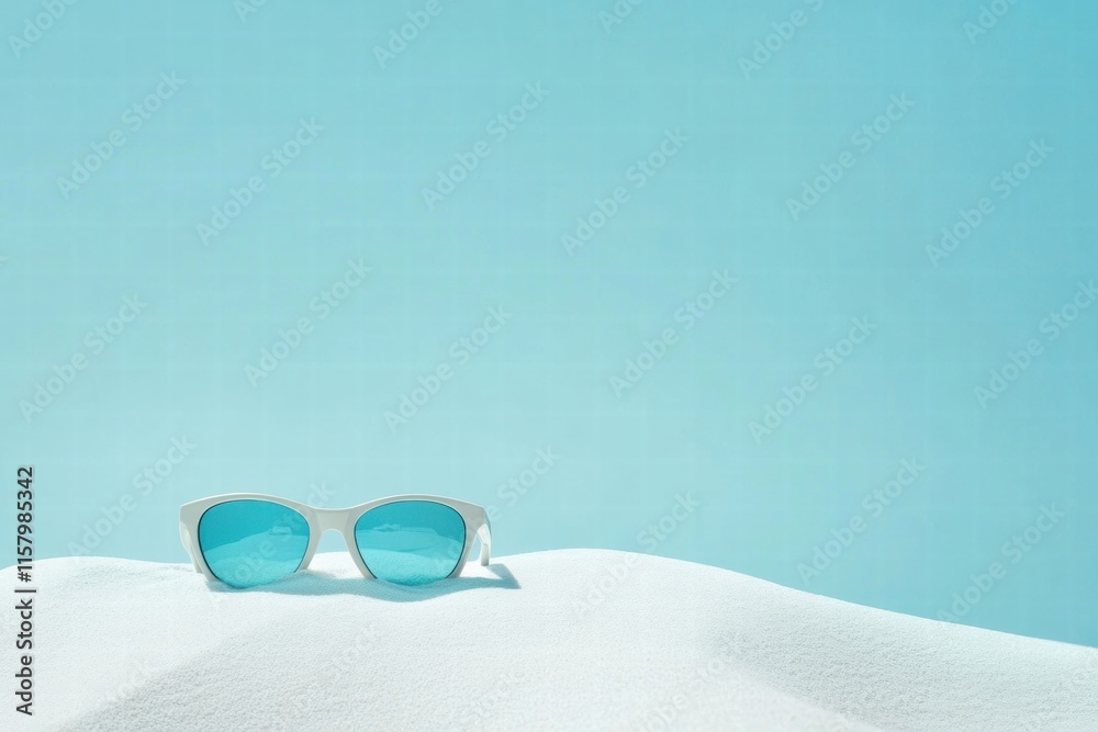 Aufkleber Stylish sunglasses resting on soft sand with clear blue sky and ample space for text placement. Generative AI