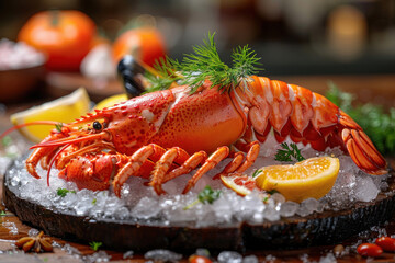 Whole lobster with seafood, crabs, mussels, shrimp, fish, on crushed ice and wooden table..    