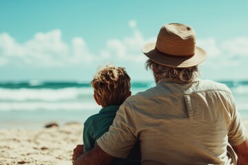 An elderly man in a summer hat sits with a boy on a sandy beach, overlooking the ocean. The calm scene illustrates familial affection and peaceful companionship.