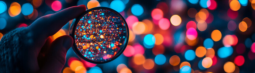 Vibrant Glitter Captured, A Hand Holds a Magnifying Glass Revealing Sparkling Lights, Colorful bokeh background, Festive celebration.
