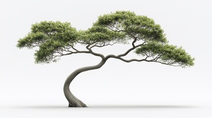 Isolated lush green bonsai tree with a curved trunk on white background.