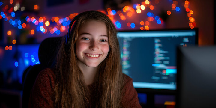 Girl Smiling, Gaming Night, Festive Lights, Happy Gamer,  Enjoys Coding, Program, Enthusiastically, At Night.