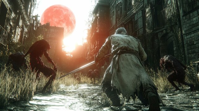 A knight surrounded by shadowy creatures, his sword gleaming as he fights valiantly under the ominous light of a blood-red moon in a cursed realm.