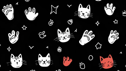 Adorable Cat Faces & Paws Pattern, Playful Design with Stars and Hand Prints for Kids' Apparel, Fabrics, and Home Decor.
