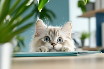 A playful kitten peeking over the edge with bright blue eyes. The background includes soft focus elements, highlighting the kitten's curious expression and adorable features.