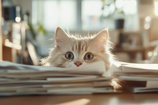 A curious cat is peeking over a pile of papers in a bright, sunlit setting, capturing its adorable expression and fluffy texture, enhancing the tranquil atmosphere.