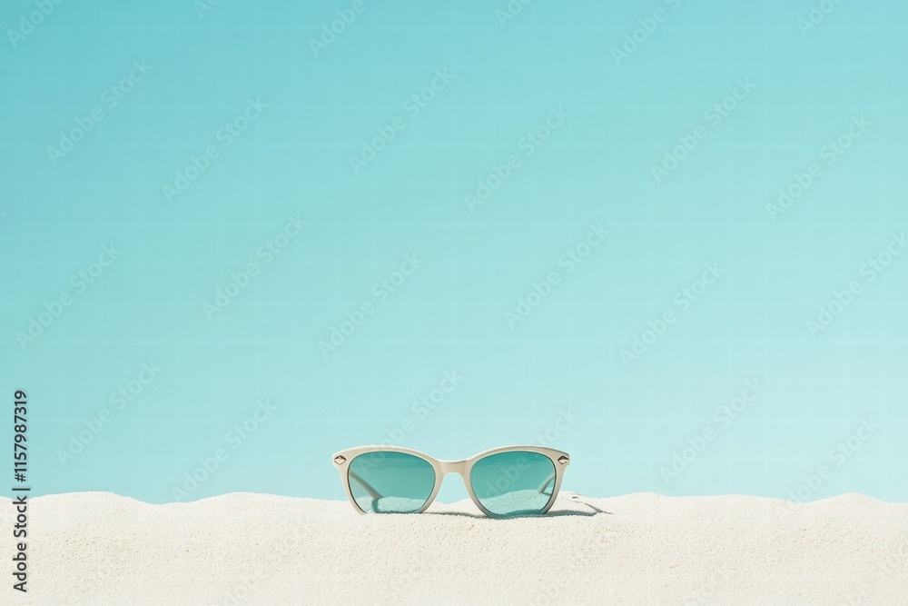 Poster stylish sunglasses resting on soft sandy beach with clear blue sky in the background evoking summer 