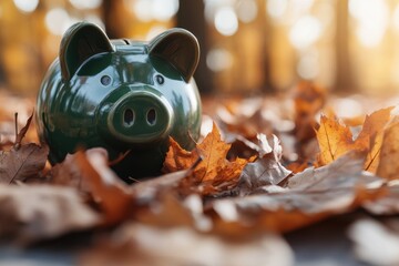 Under the gentle sunlight filtering through autumn foliage, a shiny green piggy bank is depicted, suggesting thoughts of financial security and planning.