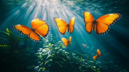 Fototapeta premium A lush, mystical jungle where giant butterflies flutter gracefully through bright rays of light, casting fleeting shadows over the vibrant plant life.