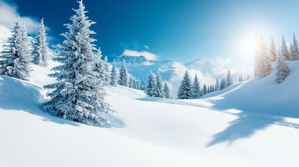 A stunning winter wonderland where sparkling frozen trees stand tall, their crystal-coated branches shimmering in the soft, wintry sunlight.