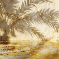 Beige Marble Wall with Palm Leaf Shadows and Golden Reflective Floor
