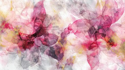Abstract watercolor painting of pink and purple flowers with gold accents.