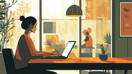 Woman working from home on laptop, autumn sunlit room.