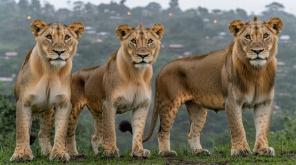 A serene golden savanna with the sun setting in the distance, casting a warm, glowing light over the majestic lions who stand proudly against the horizon.