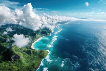 A breathtaking aerial view captures lush greenery along a coastline with vibrant turquoise waters, showcasing nature's harmony and untouched beauty at its finest.