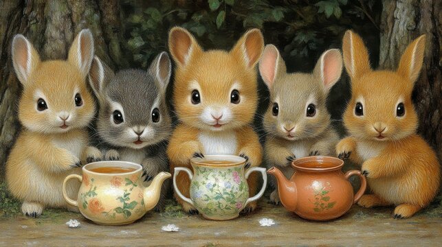 A delightful tea party set in a mystical meadow, with talking animals sharing stories and tea under the shade of ancient, whimsical trees.
