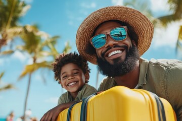 A father and son in tropical paradise, surrounded by palm trees and vibrant skies, share a moment of happiness and bonding during a warm vacation escape.