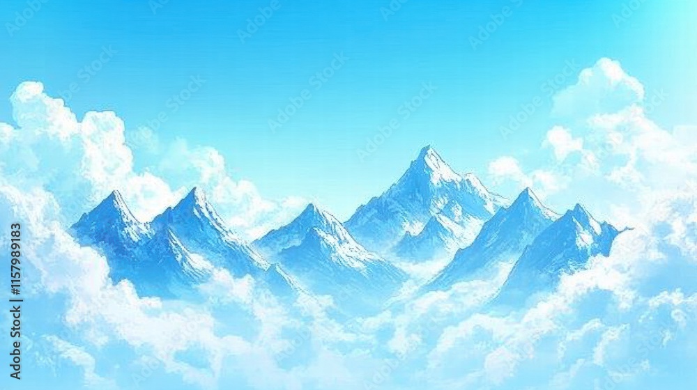 Poster majestic mountain peaks rise above clouds in a serene blue sky with ample space for text placement. 