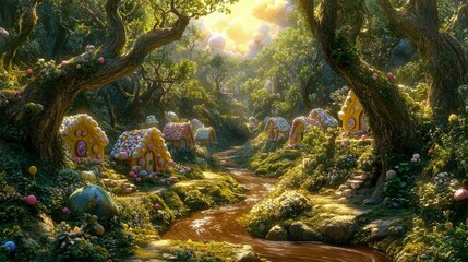 Fototapeta premium A fantastical candy village with chocolate rivers running through the center, surrounded by gumdrop houses and candy trees, all under a sky made of sugar.