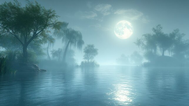 Mystical moonlit swamp landscape at night.