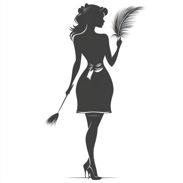 recommend clip art: Elegant silhouette of a woman holding a feather duster and brush.
