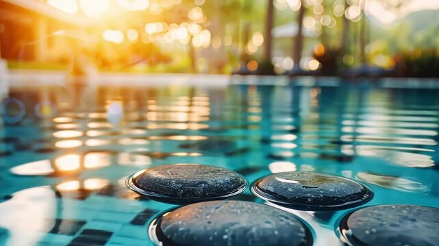 Serene spa scene smooth, dark stones float gently on turquoise pool water, bathed in warm sunlight.  Video evokes relaxation, tranquility, and wellness.