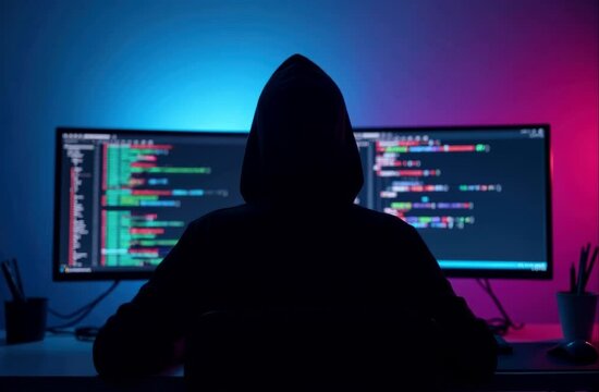 A cyber security hacker in a dark headquarters with a neon light on the wall in front of two screens