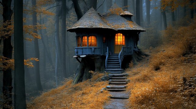 A dreamy treehouse surrounded by enormous mushrooms in a mystical forest, the bright colors of the mushrooms casting a magical glow over the peaceful woodland retreat.