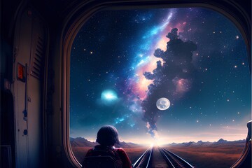 Woman looking at the milky way from the window of a train