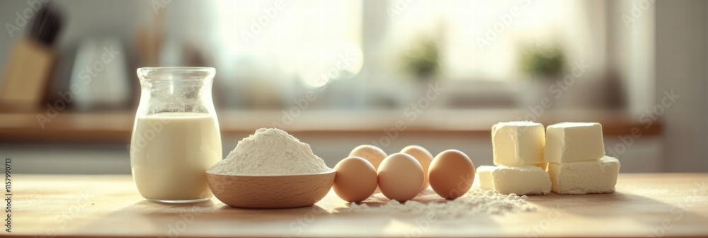 Poster ingredients for baking on a wooden kitchen counter with ample copy space for text. generative ai