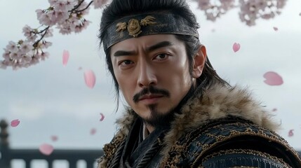 A samurai stands with quiet dignity on a bridge under a blooming cherry blossom tree, the petals drifting around him in the gentle breeze, embodying tranquility and resolve.